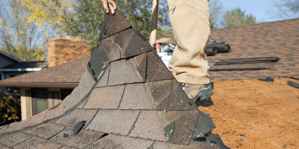 Worker Removing Old Roof Shingles for Replacement after accepting Roof Replacement Cost